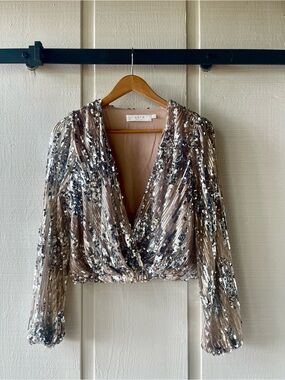 Astr Metallic Sequin Wrap Crop Top in Champagne